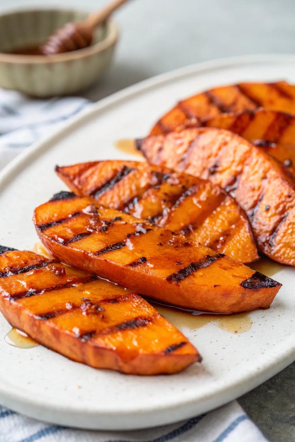 Grilled sweet potatoes offer a sweet and savory flavor.