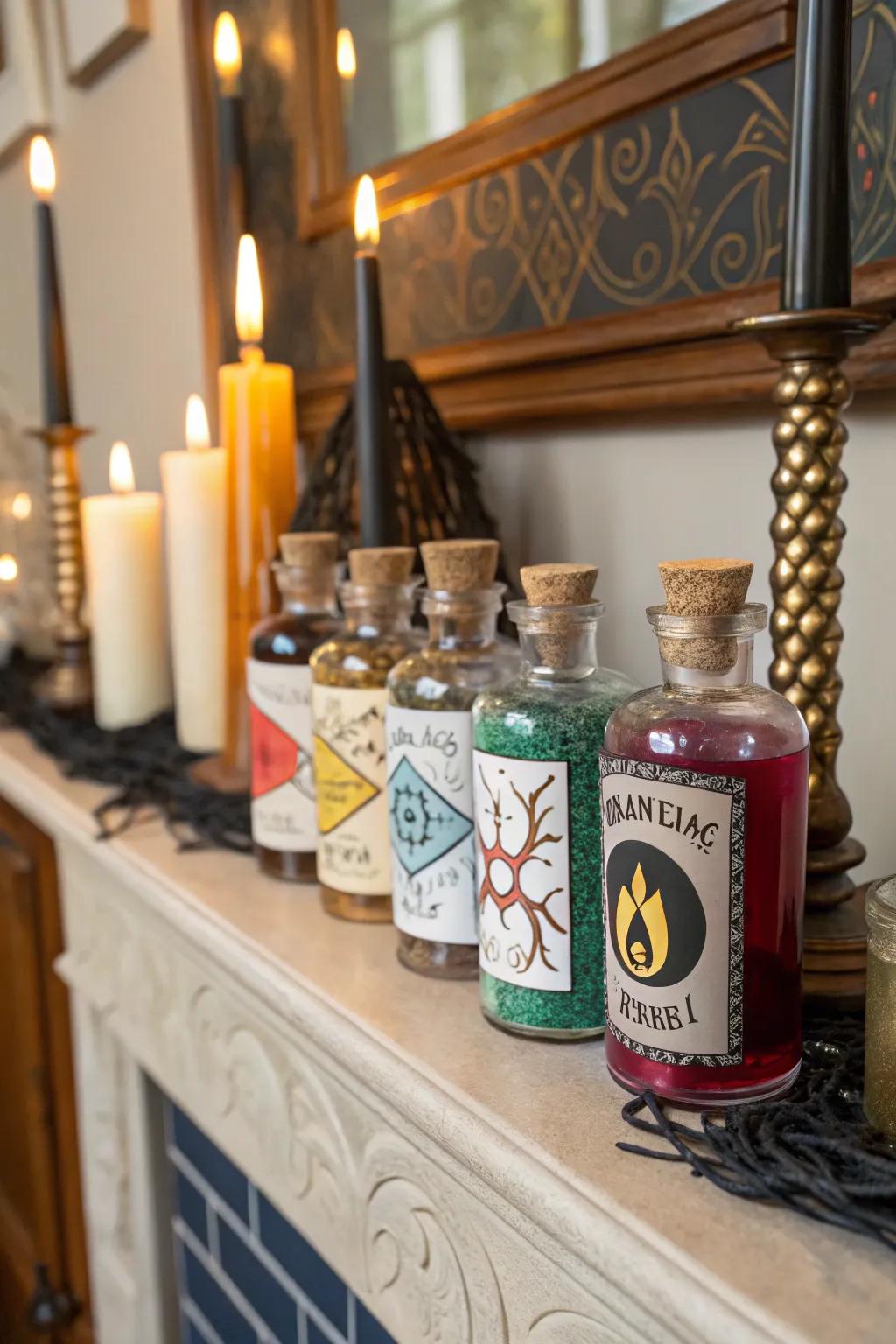 Potion bottles add a whimsical, witchy element.