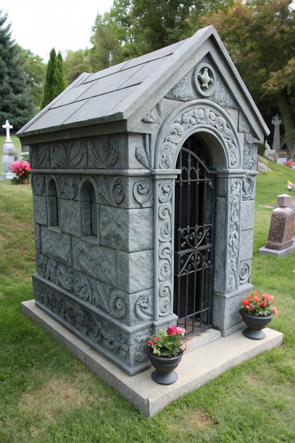 A mysterious mini crypt adds intrigue to the Halloween decor.