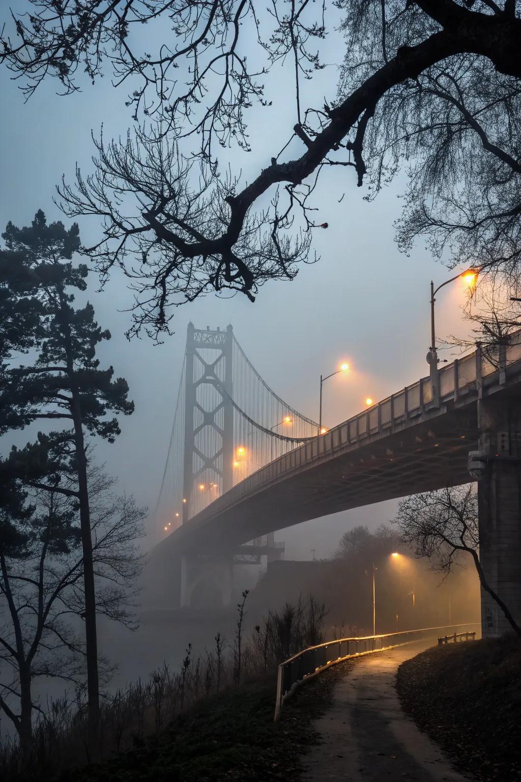 A foggy bridge creates a surreal crossing on the trail.