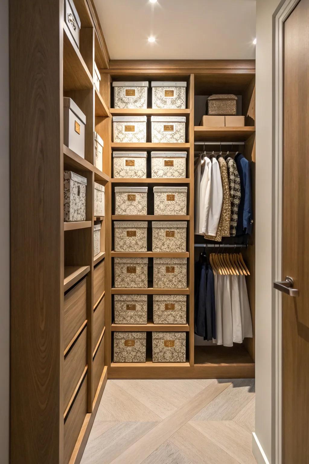 Decorative boxes in a hallway closet for a blend of style and functionality.