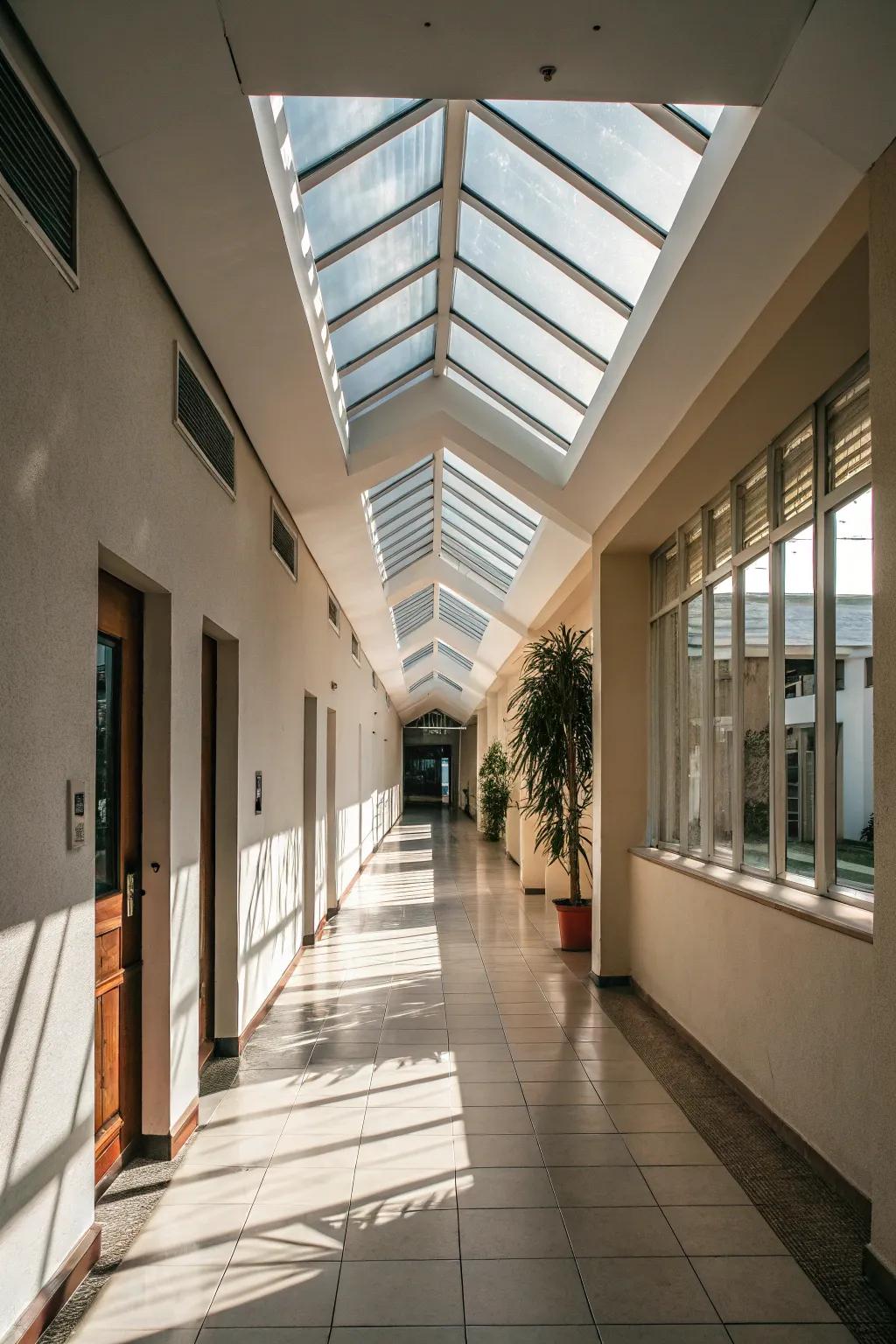 Skylights enhance hallways with natural light.