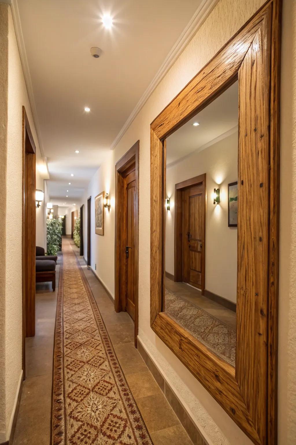 Wood-framed mirrors bring an earthy warmth to spaces.