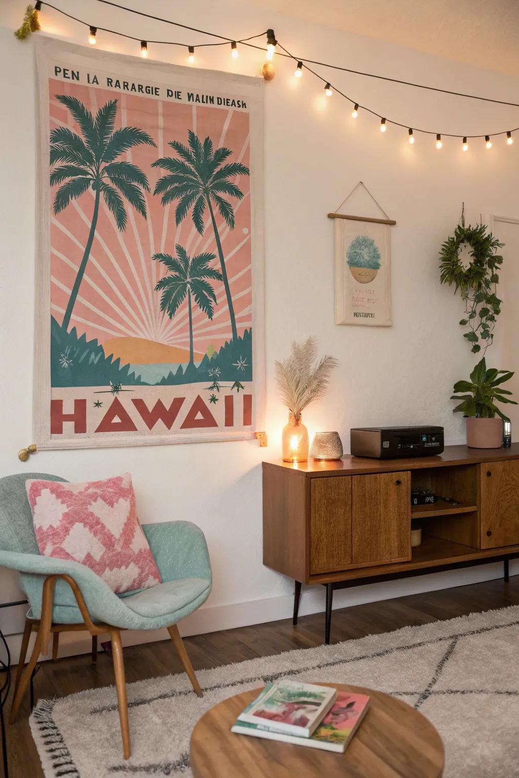 A retro Hawaiian-themed poster adding charm to a mid-century modern room.