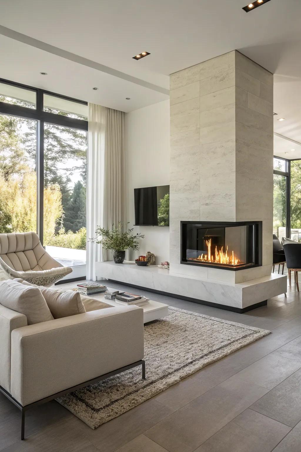 A sleek modern living room featuring a bioethanol fireplace for a clean and contemporary look.