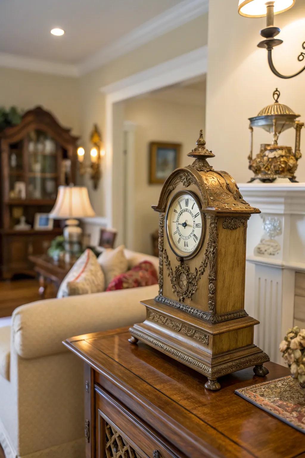 An antique clock that adds timeless elegance to home decor.