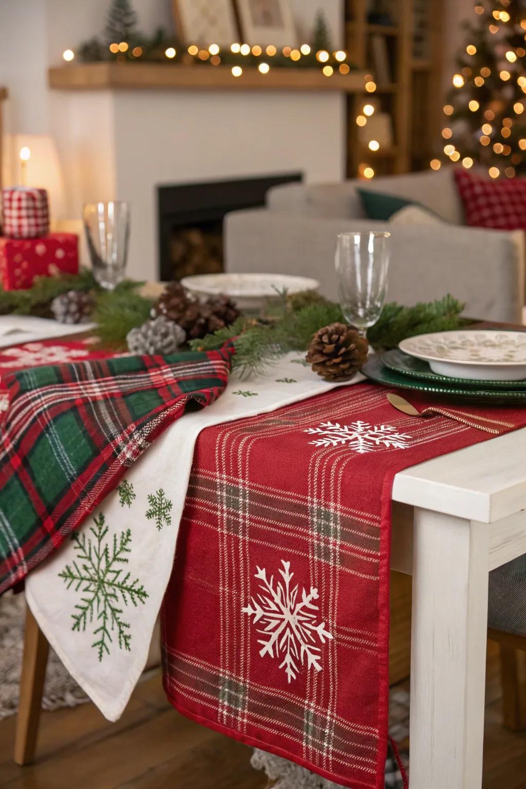 Seasonal textiles like plaid add festive flair to your table.