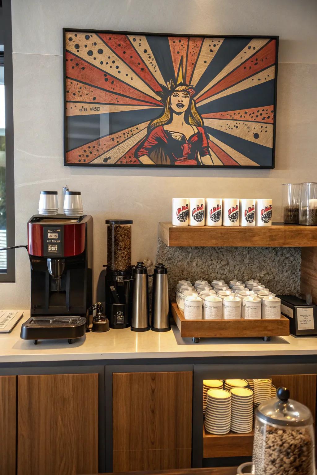 An unexpected art display can elevate your coffee station to an artistic focal point.