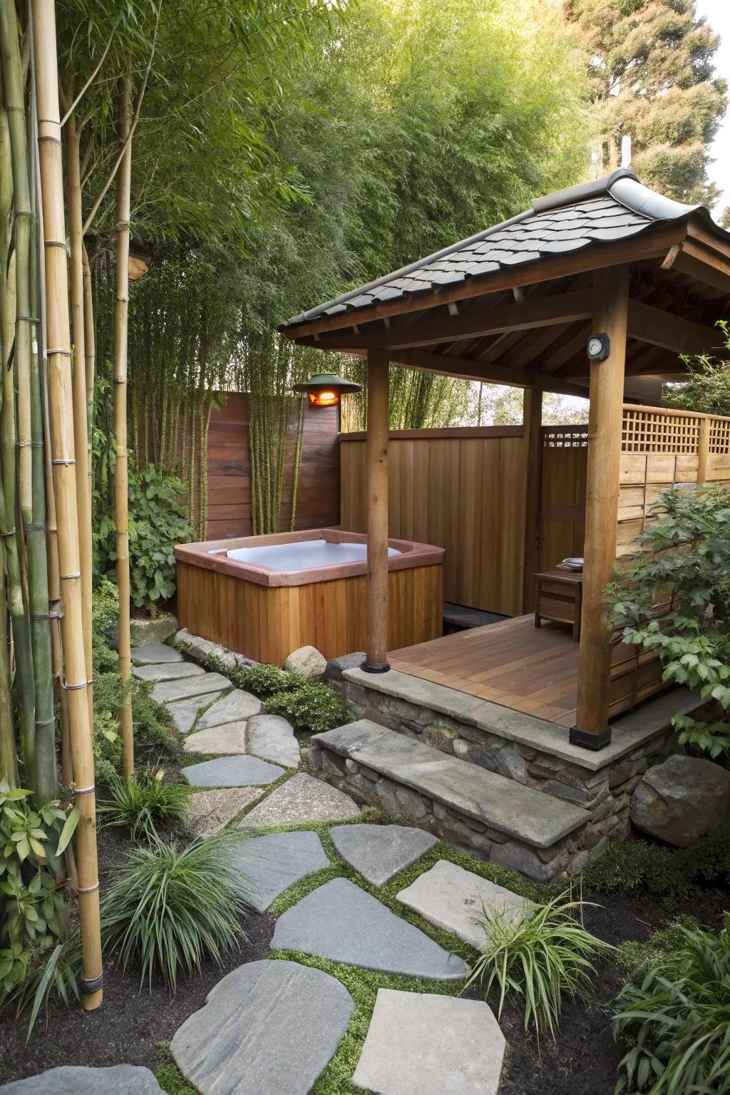 Find peace with a Japanese Zen garden-inspired hot tub enclosure.