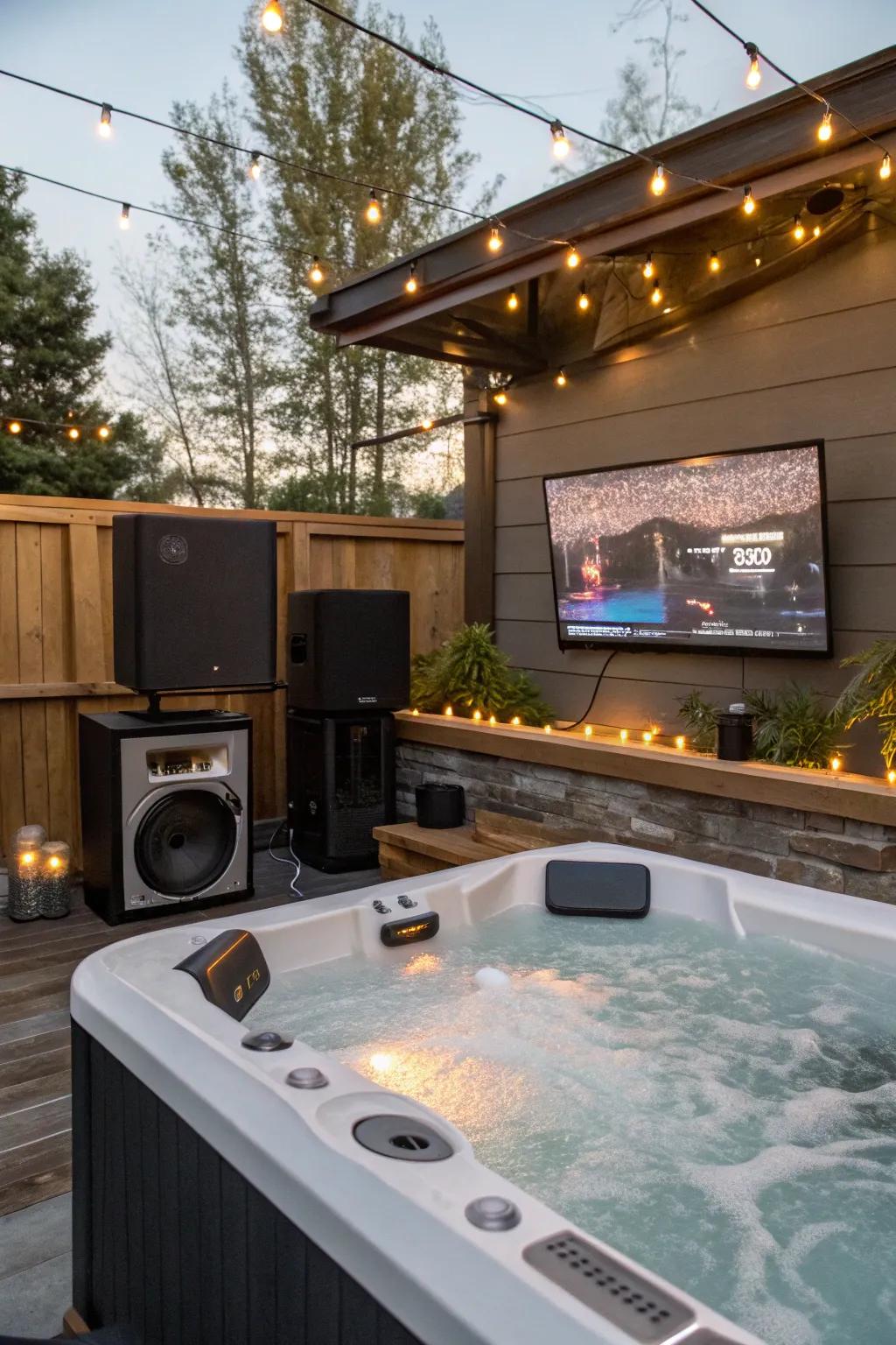 An entertainment hub with a hot tub and outdoor media setup.