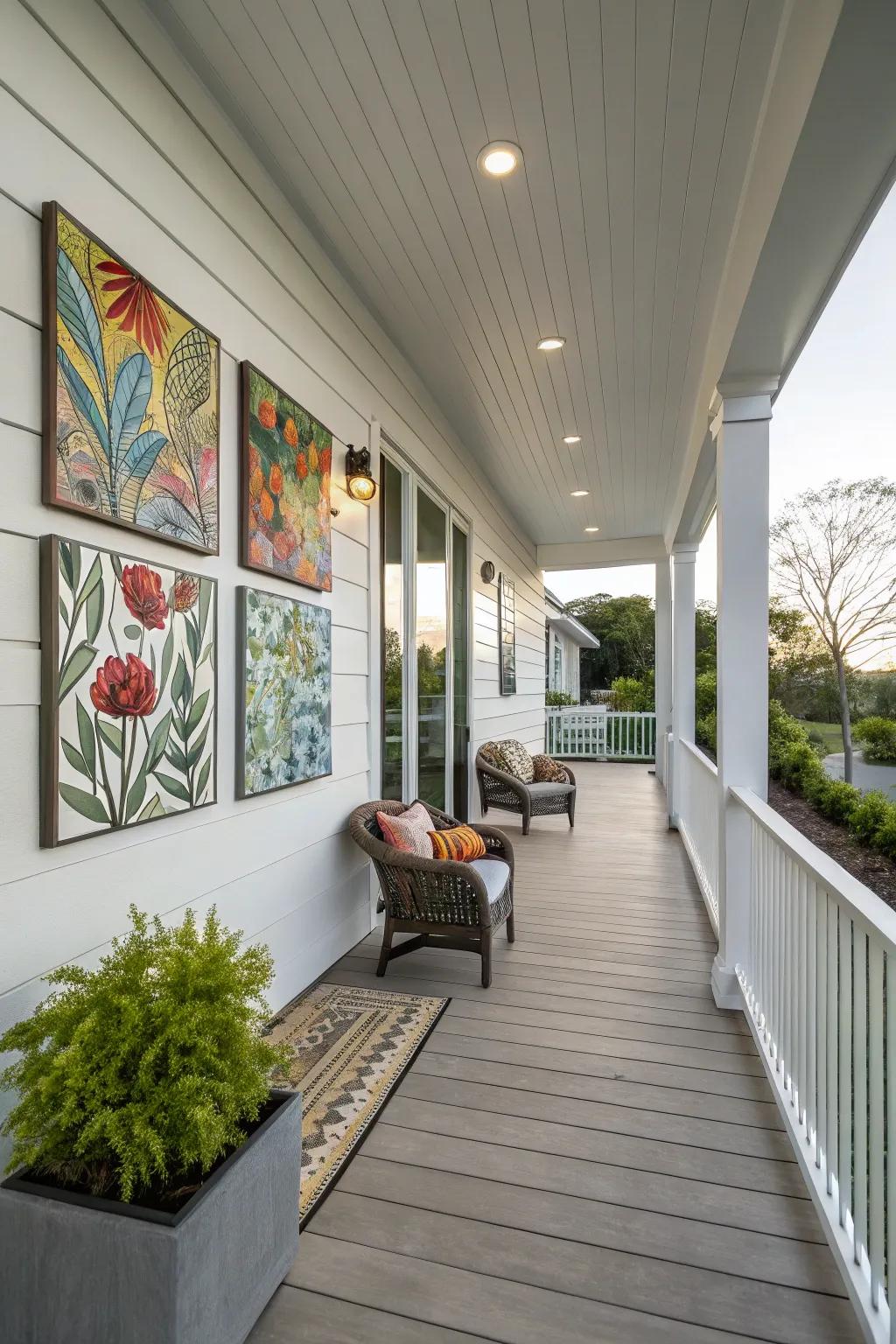 Personalized art adds character to this modern porch.