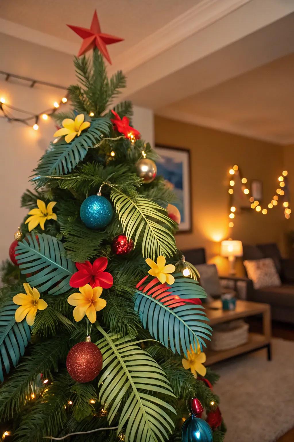 A tropical-themed Christmas tree with vibrant decorations and palm accents.