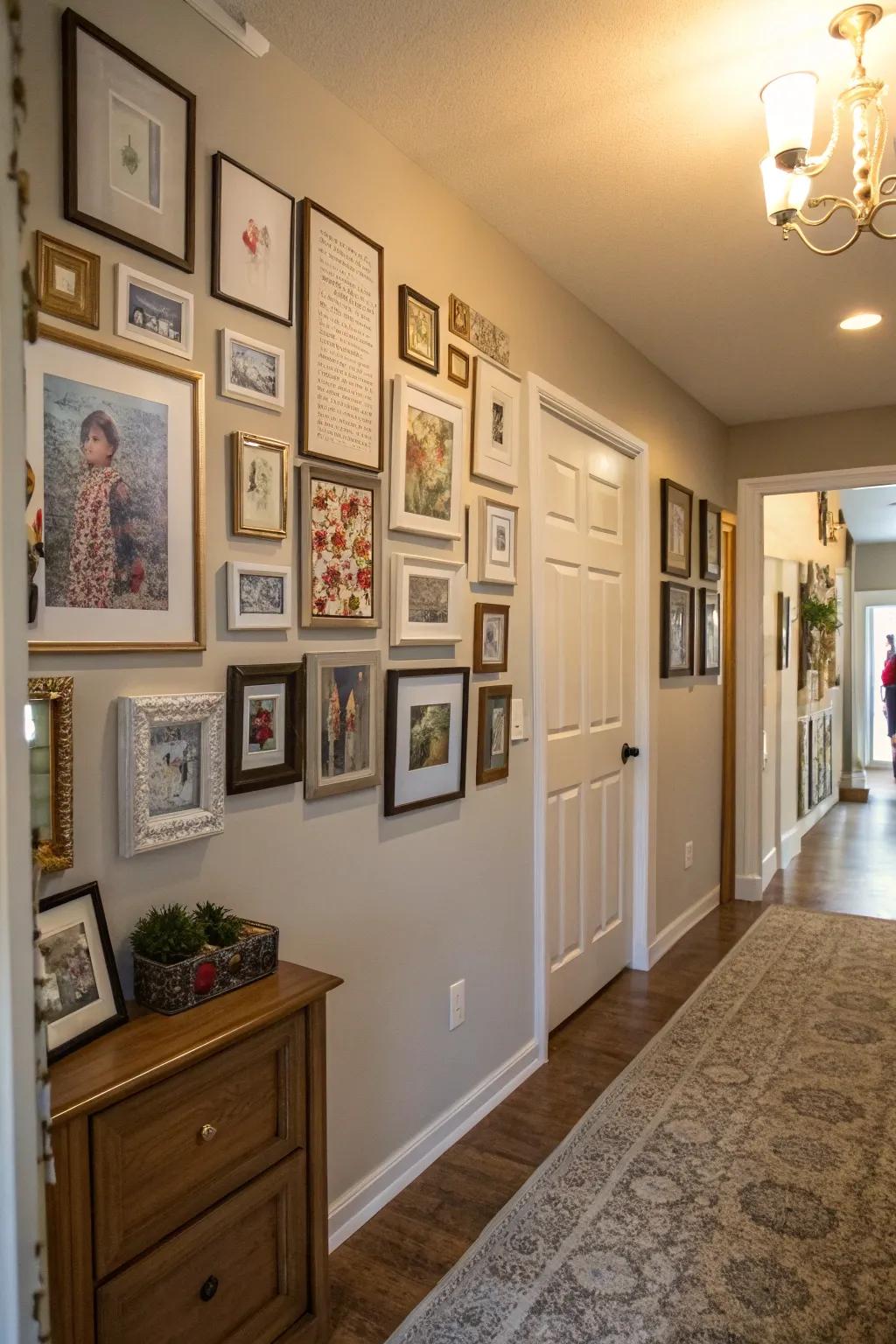 A gallery wall showcases personal photos and adds character.