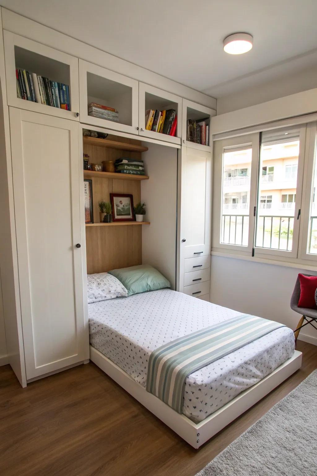 A bedroom with a Murphy bed that maximizes space.