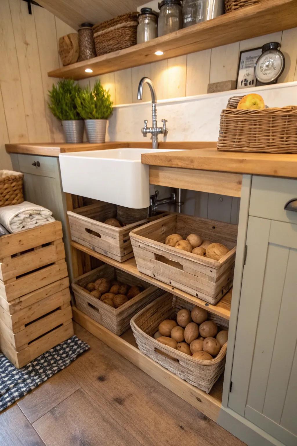 Under-sink cabinet creatively used for potato storage.