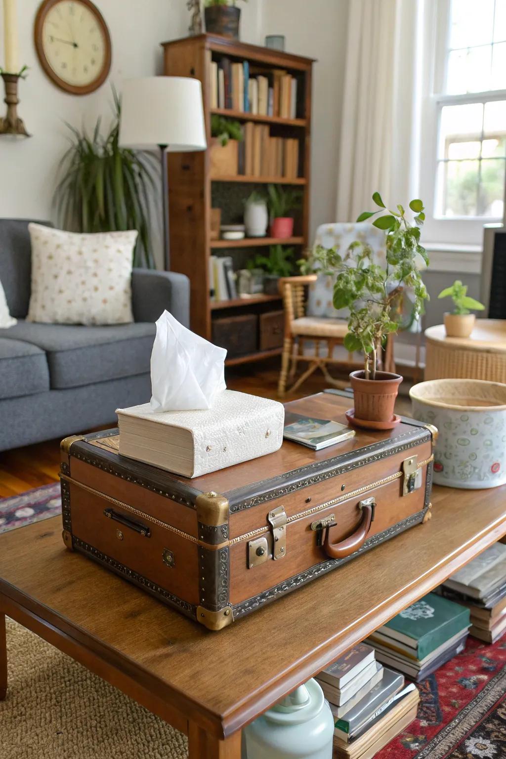 A vintage suitcase adds charm to tissue paper storage.