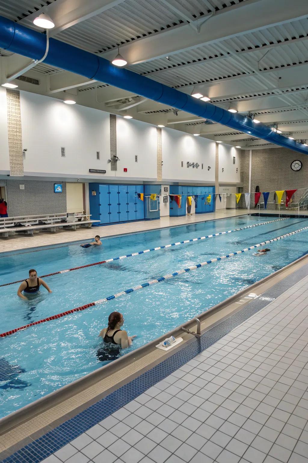 An indoor pool with a dedicated exercise zone