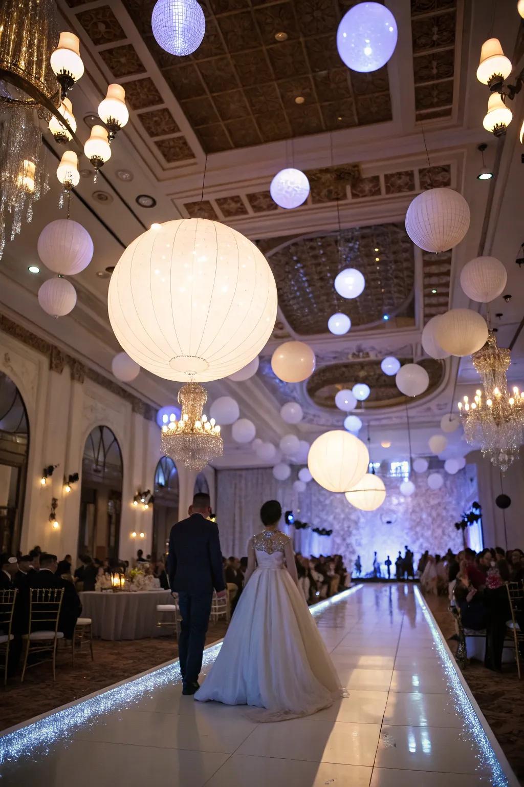 Light orbs creating an enchanting fairy-tale atmosphere at the wedding.