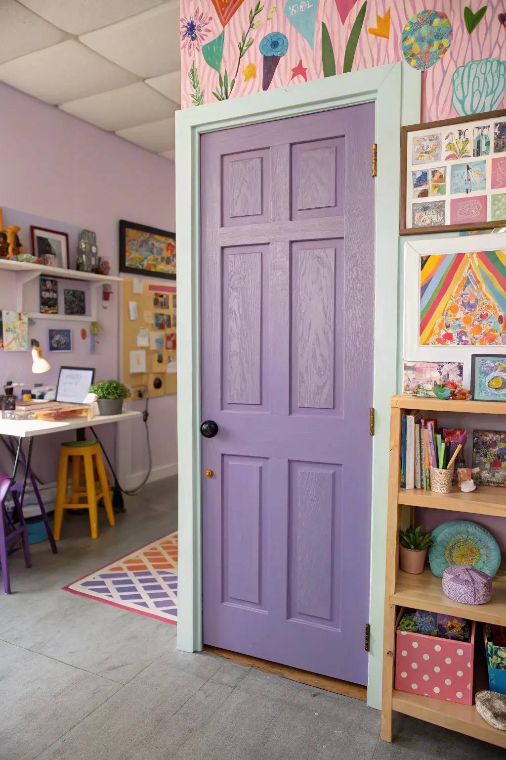 Lavender doors that add a whimsical, calming touch.