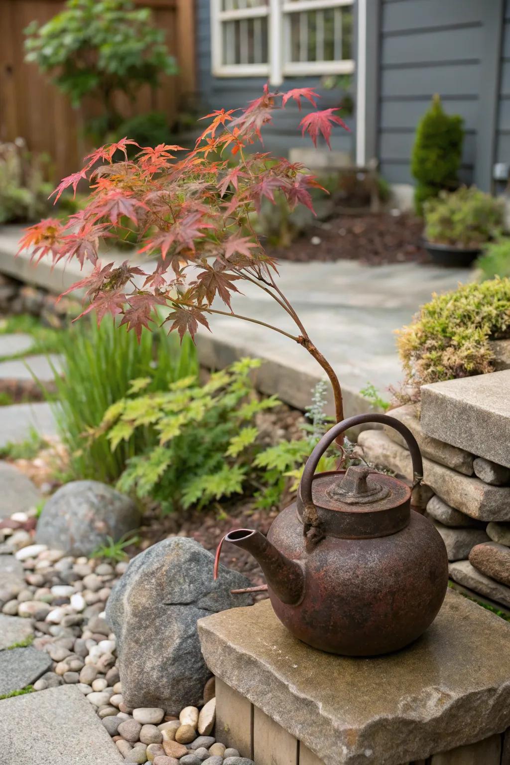 Vintage charm with a Japanese maple in a repurposed kettle.