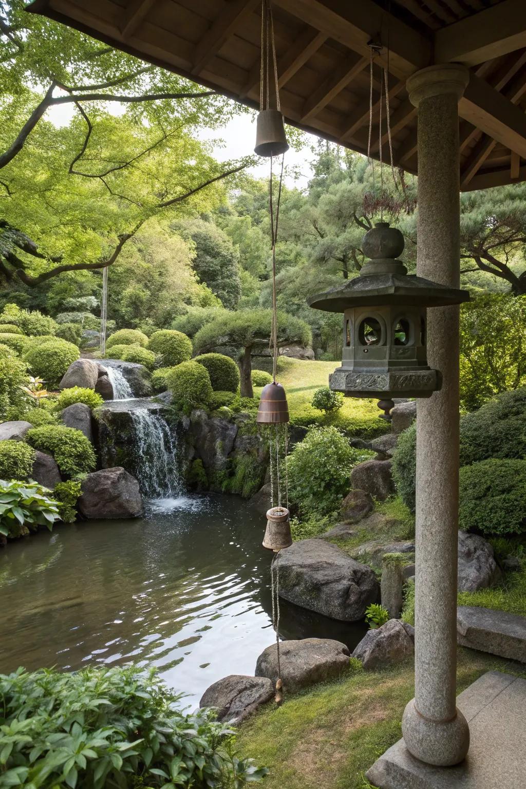 A small waterfall and wind chimes in a Japanese garden.