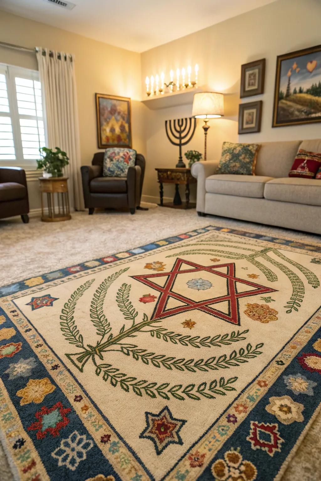 A Jewish-themed rug transforming the look of a living room.