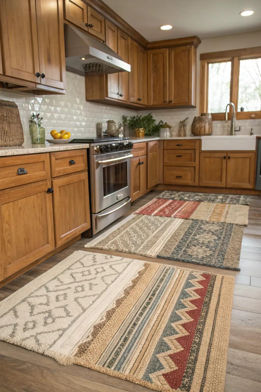 Layering rugs adds depth and texture to kitchen spaces.