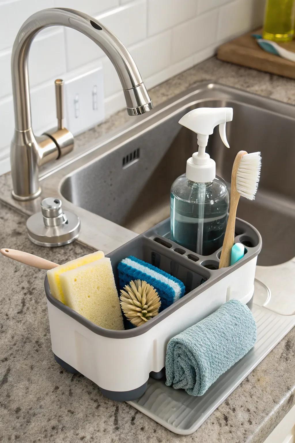 Enhance functionality with a caddy that includes a soap dispenser.