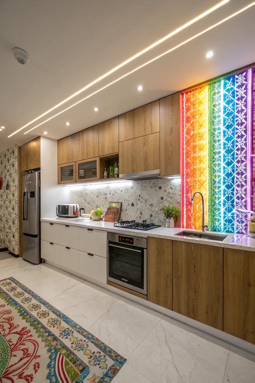 Add vibrancy to your kitchen with an illuminated accent wall.