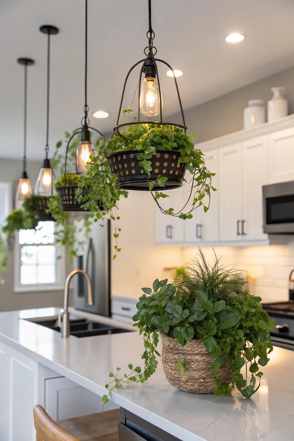 Innovate with pendant plant holders as a lighting alternative.