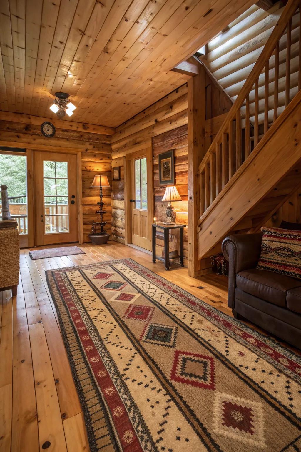 Layered rugs providing warmth and comfort in the cabin.