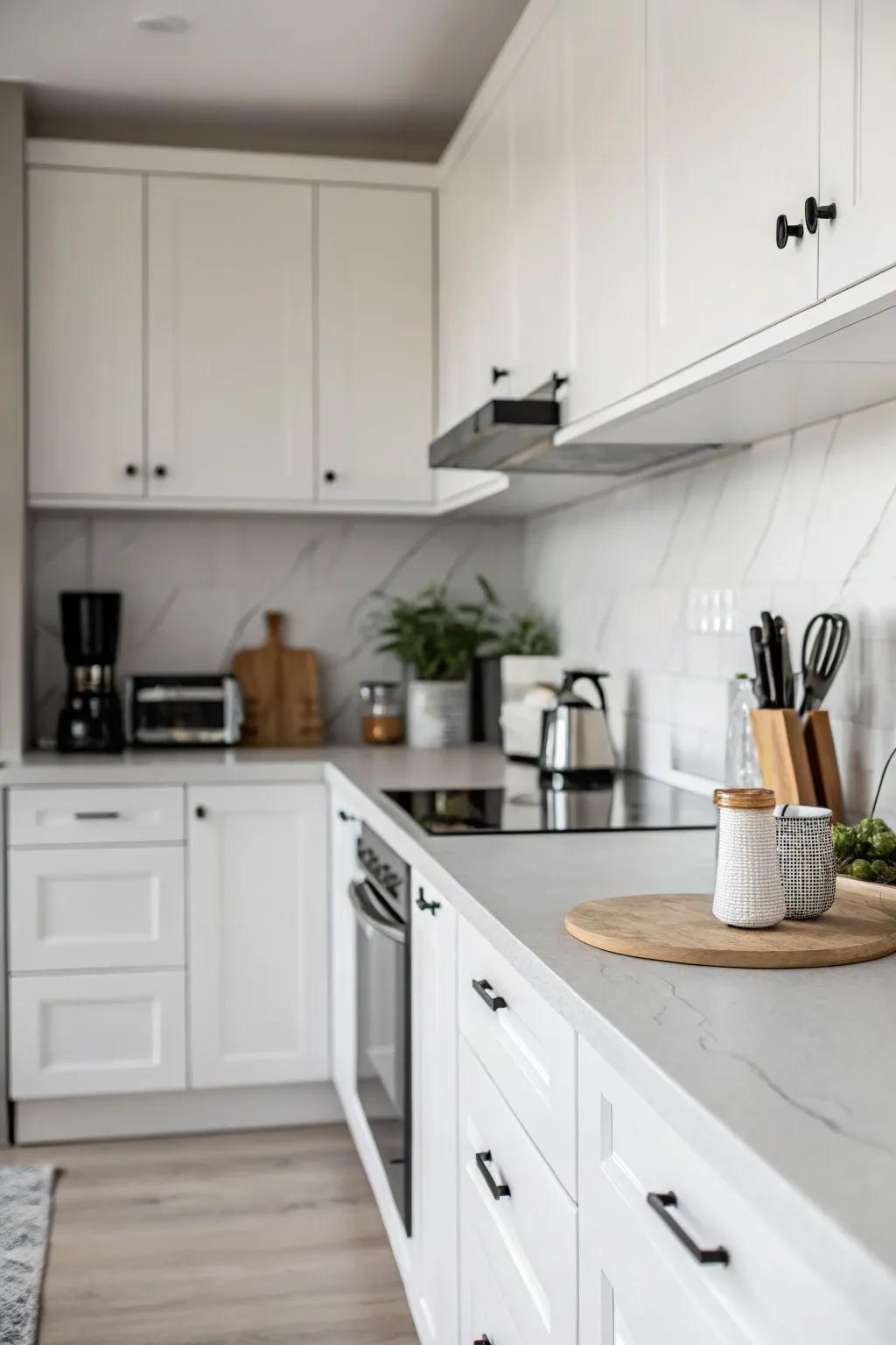 Monotone laminates provide a sleek and modern kitchen aesthetic.