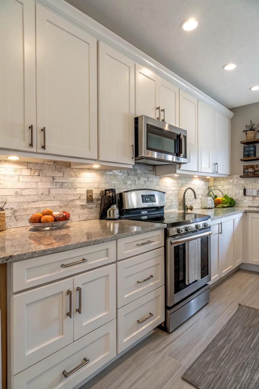 Easy maintenance with wipe-clean laminate backsplash.