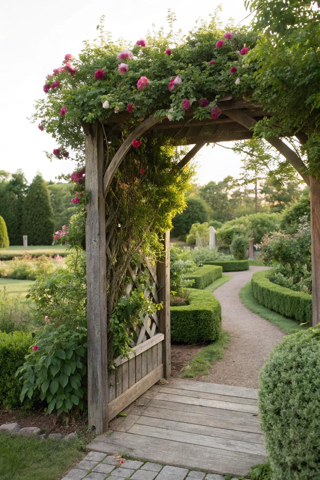 A timber archway adds elegance and frames garden paths beautifully.