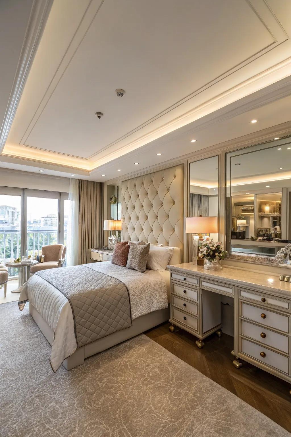 A dedicated dressing area adds luxury and functionality to this bedroom.