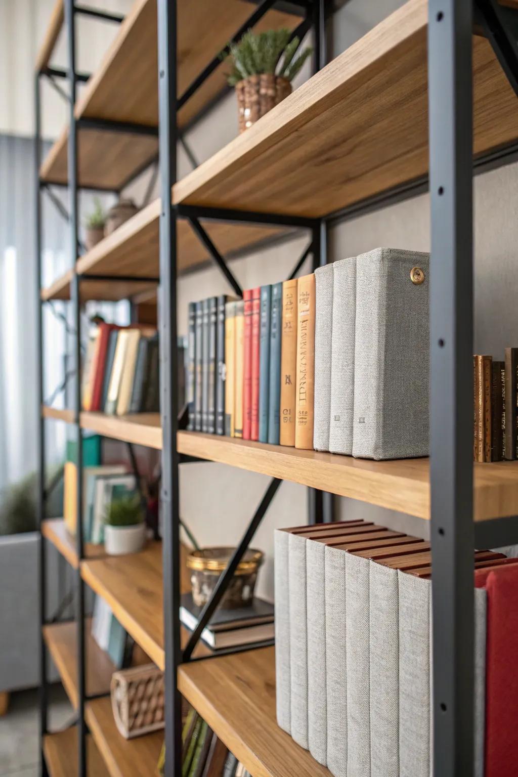 A blend of textures adds richness and interest to this bookshelf display.