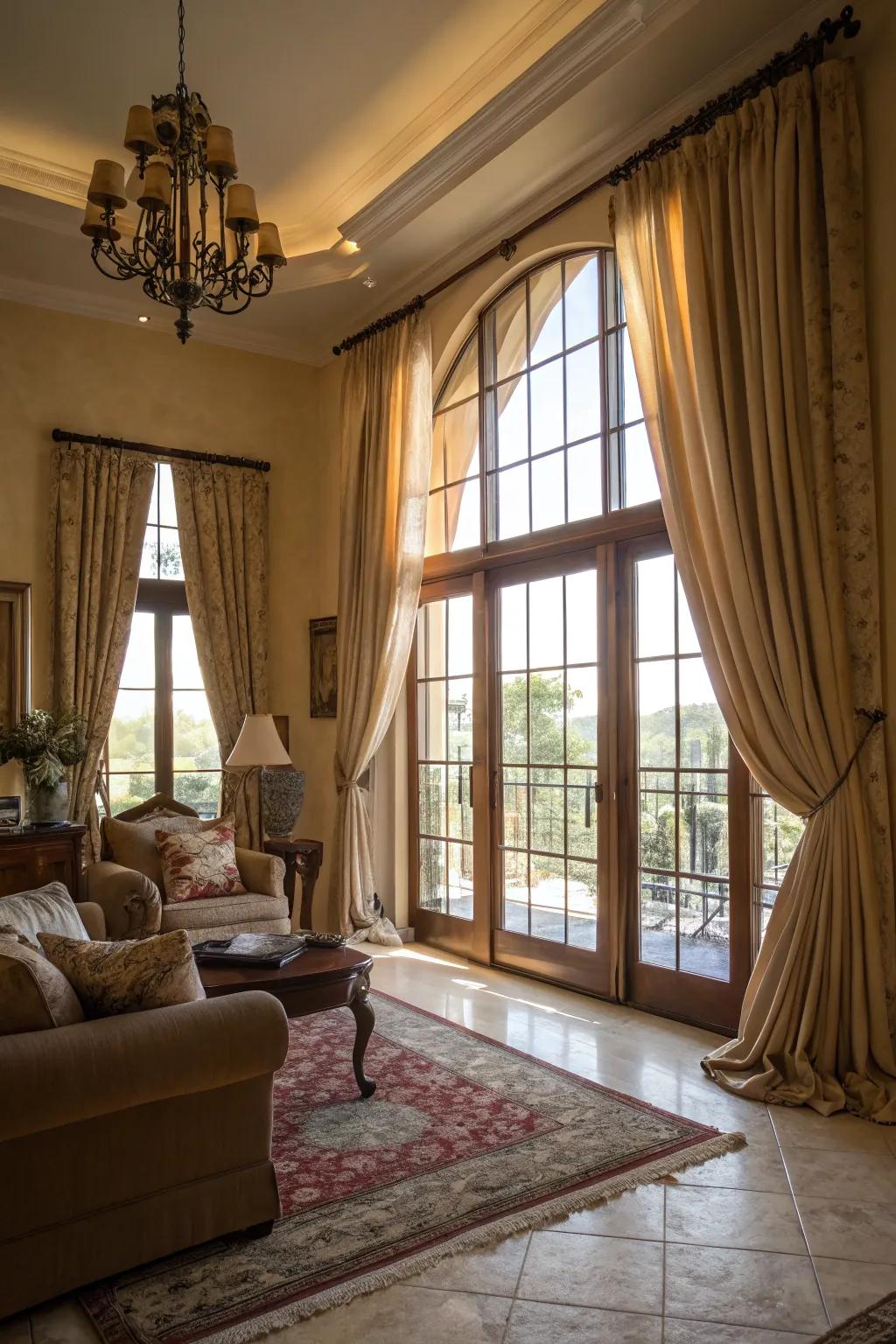 Elegant drapery that enhances the grandeur of large windows.