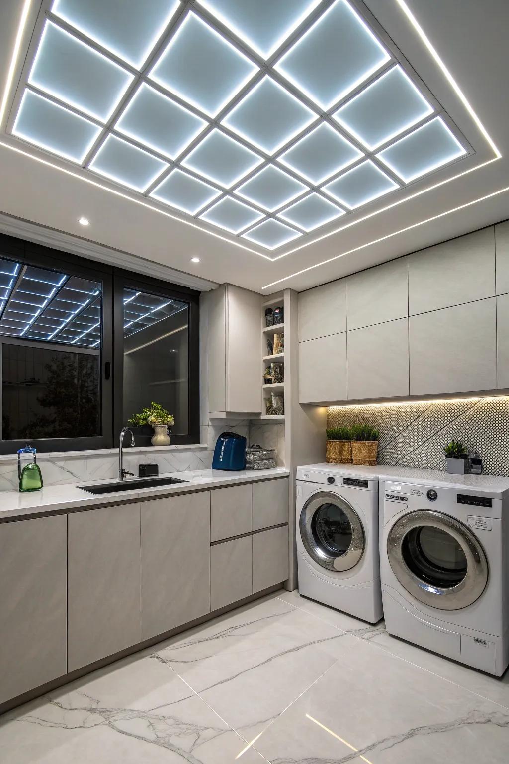 Illuminated ceiling panels bring a futuristic feel to your laundry room.