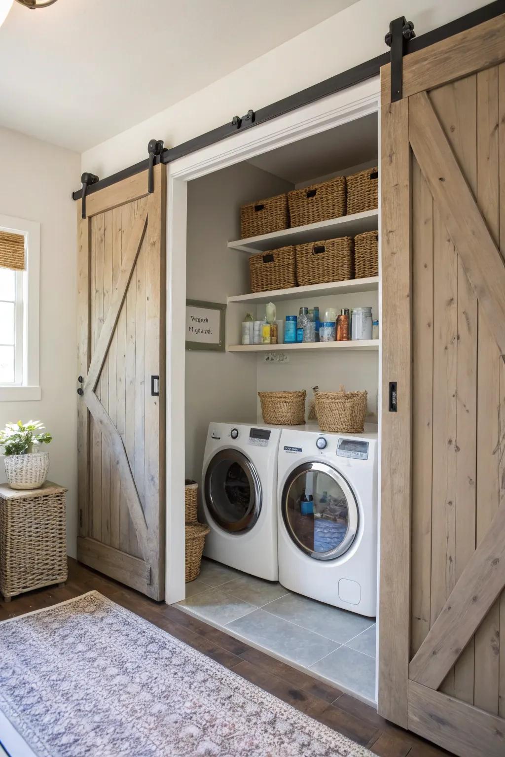 Sliding barn doors add charm and functionality to your laundry space.