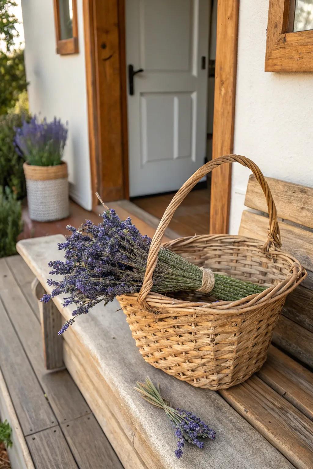 Welcoming charm with lavender basket decor.