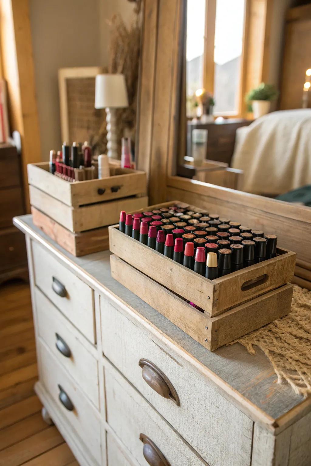 Add rustic charm with wooden box storage.