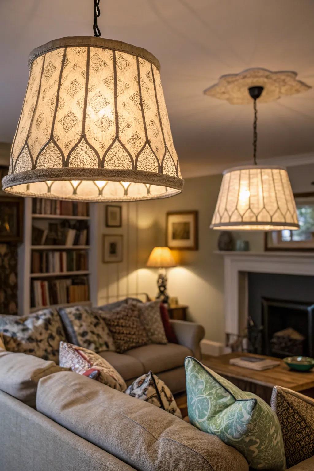 Fabric shades cast a soft, cozy light.