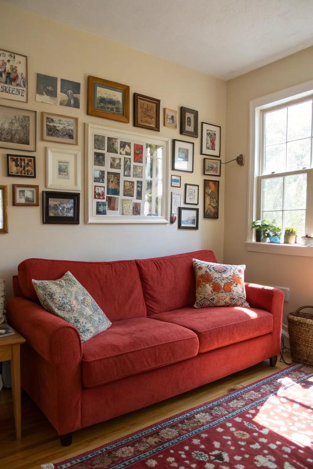 A gallery wall personalizes the space and enhances the visual appeal of a red couch.