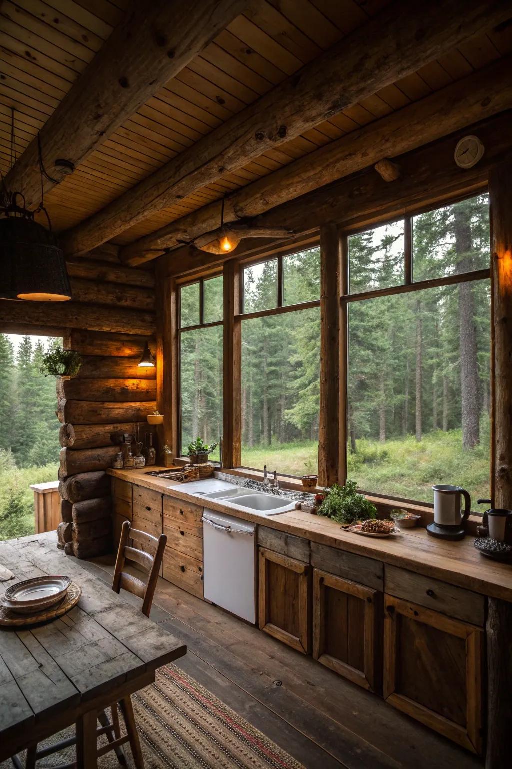 A large window offers stunning views and natural light in this kitchen.