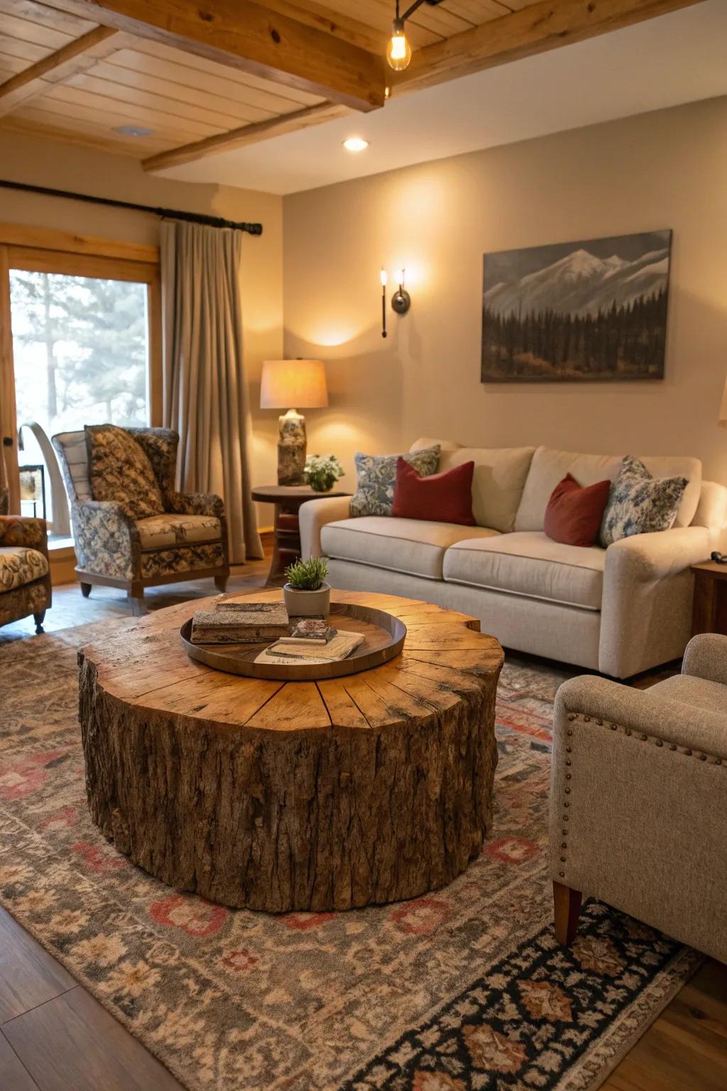 A bold log coffee table as a living room centerpiece.