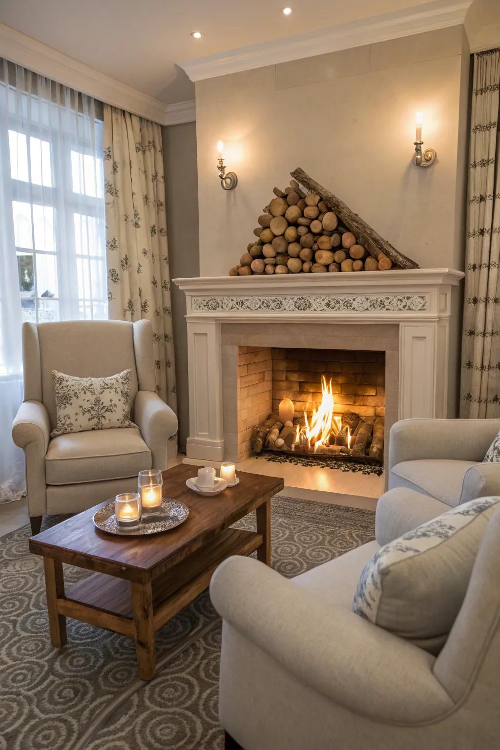 A fireplace adds warmth and serves as a cozy focal point in the lounge.