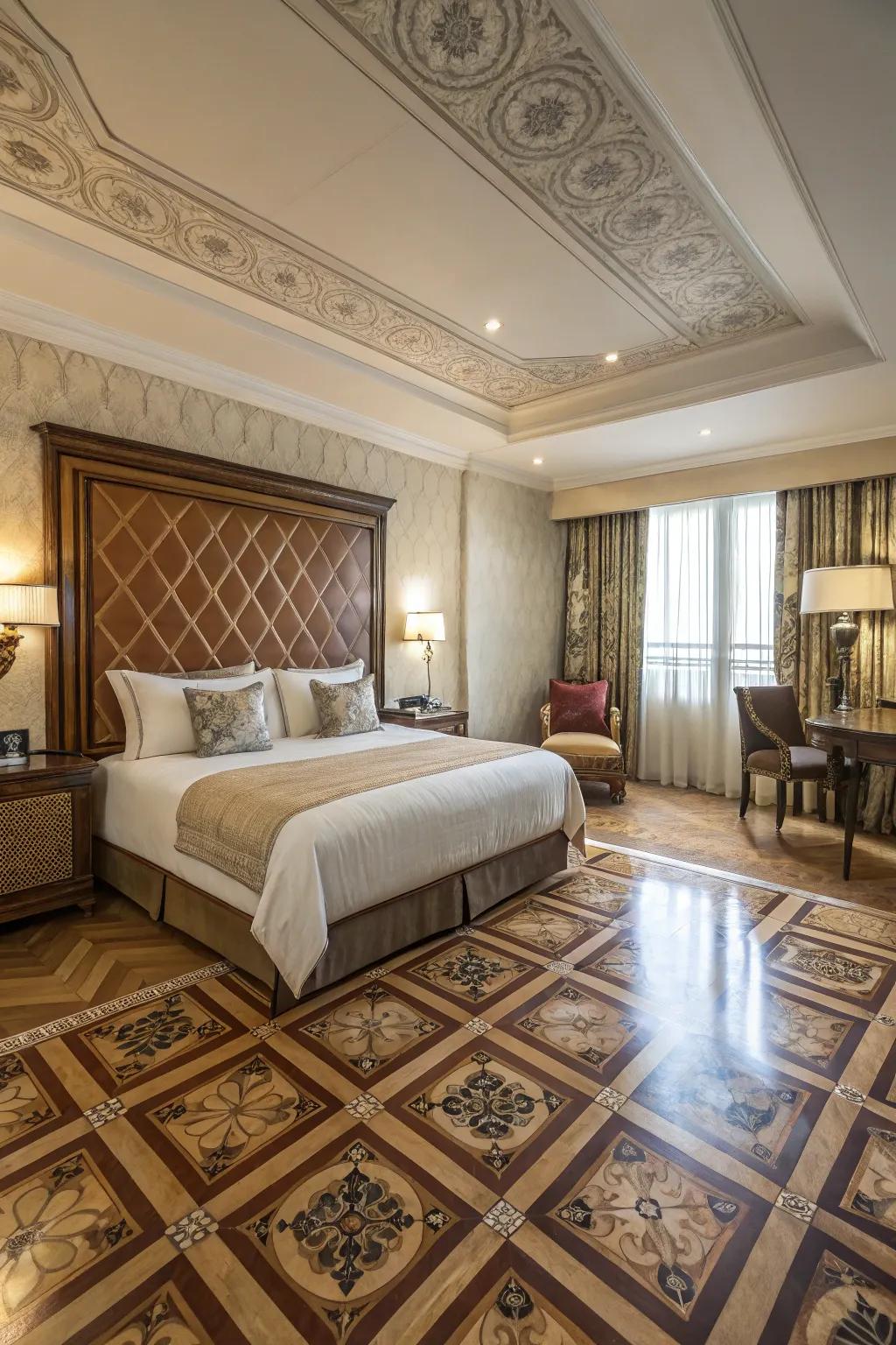 A luxurious bedroom showcasing flooring that adds character to the space.