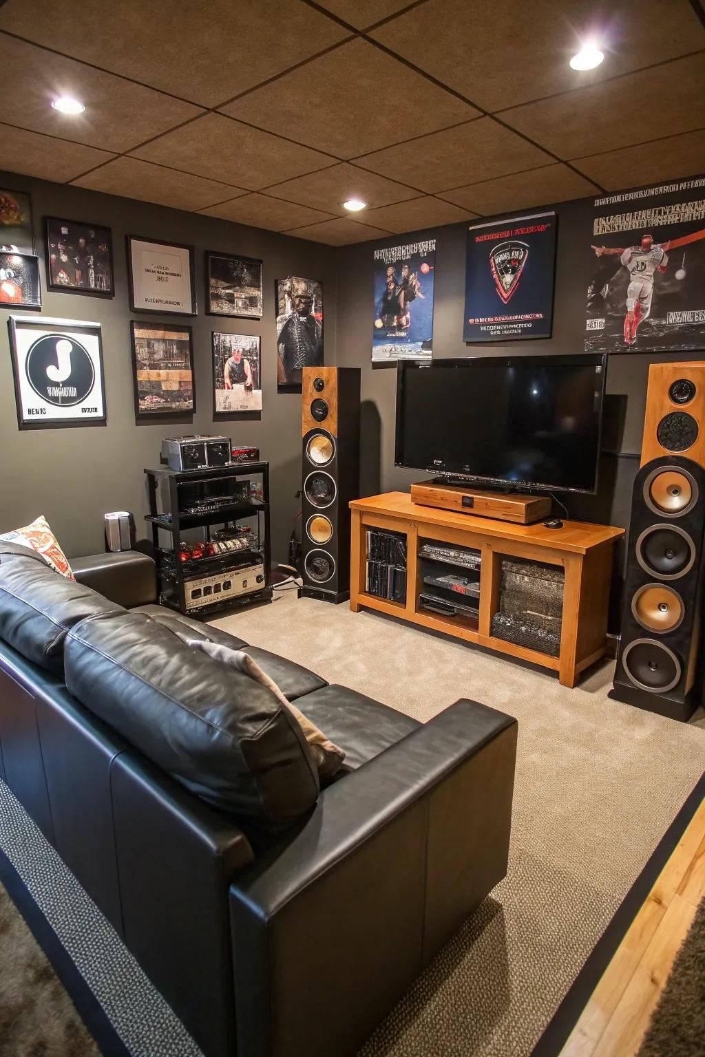 A personalized audio experience creates an immersive atmosphere in this man cave.