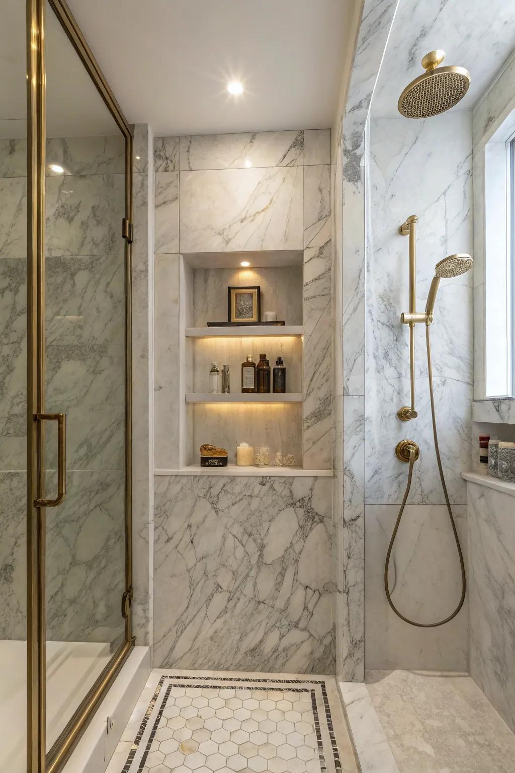 Marble niches blend luxury with practicality.