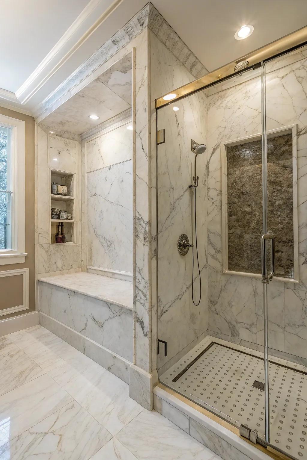 Extending marble beyond the niche creates an expansive look.